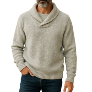 VINTAGE Men’s Hand Knit Grey 100% Wool Shawl Collar Sweater Coastal Size L